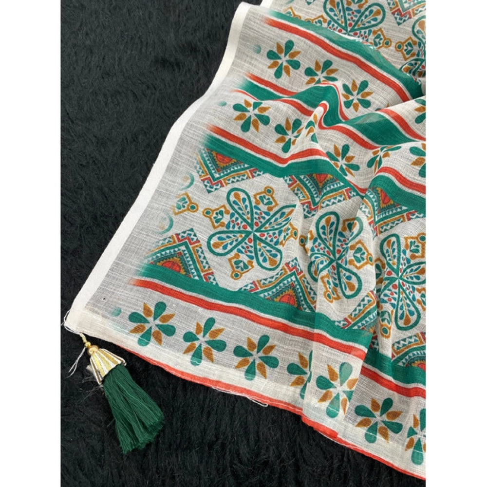Green linen cotton printed saree with unstitched blouse, vibrant pattern for women's ethnic wear