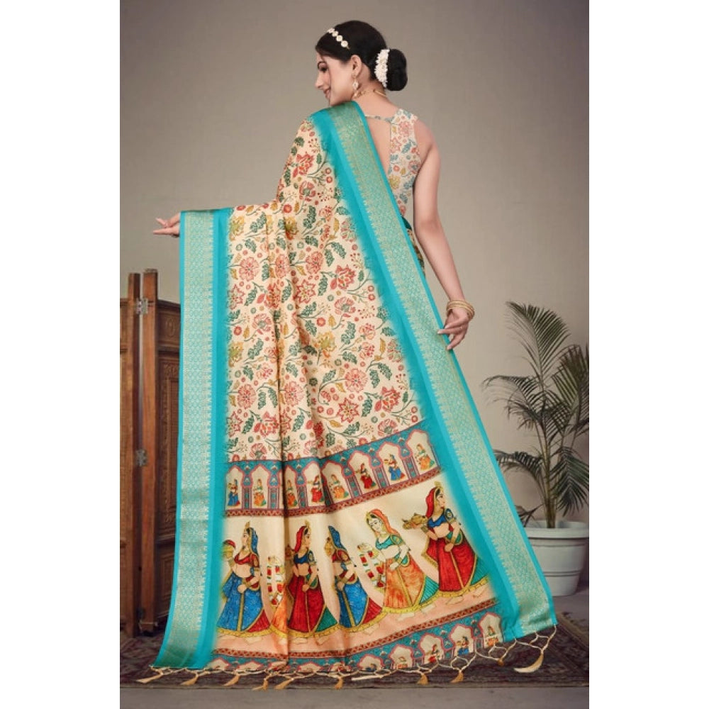 Sky blue cotton silk printed saree with unstitched blouse, vibrant floral pattern for women's fashion