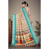 Sky blue cotton silk printed saree with unstitched blouse, vibrant floral pattern for women's fashion