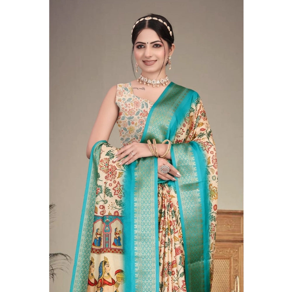 Sky blue cotton silk printed saree with unstitched blouse, vibrant floral pattern for Indian women's traditional wear