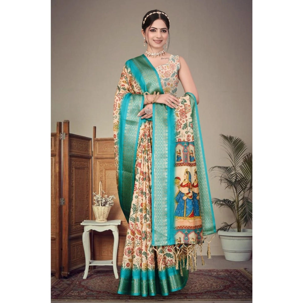 Sky blue cotton silk printed saree with unstitched blouse, vibrant Indian fashion accessory for women