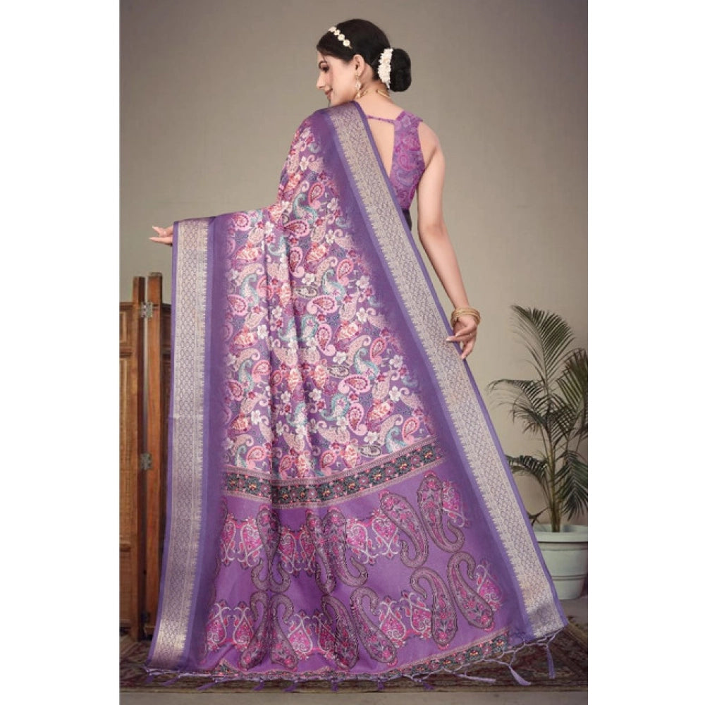 Purple cotton silk printed saree with unstitched blouse (5.5mtr), traditional Indian women's attire on mannequin