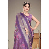 Purple cotton silk printed saree with unstitched blouse, vibrant floral design on 5.5mtr length