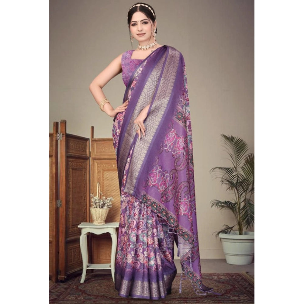 Purple cotton silk printed saree with unstitched blouse, vibrant Indian wear for women