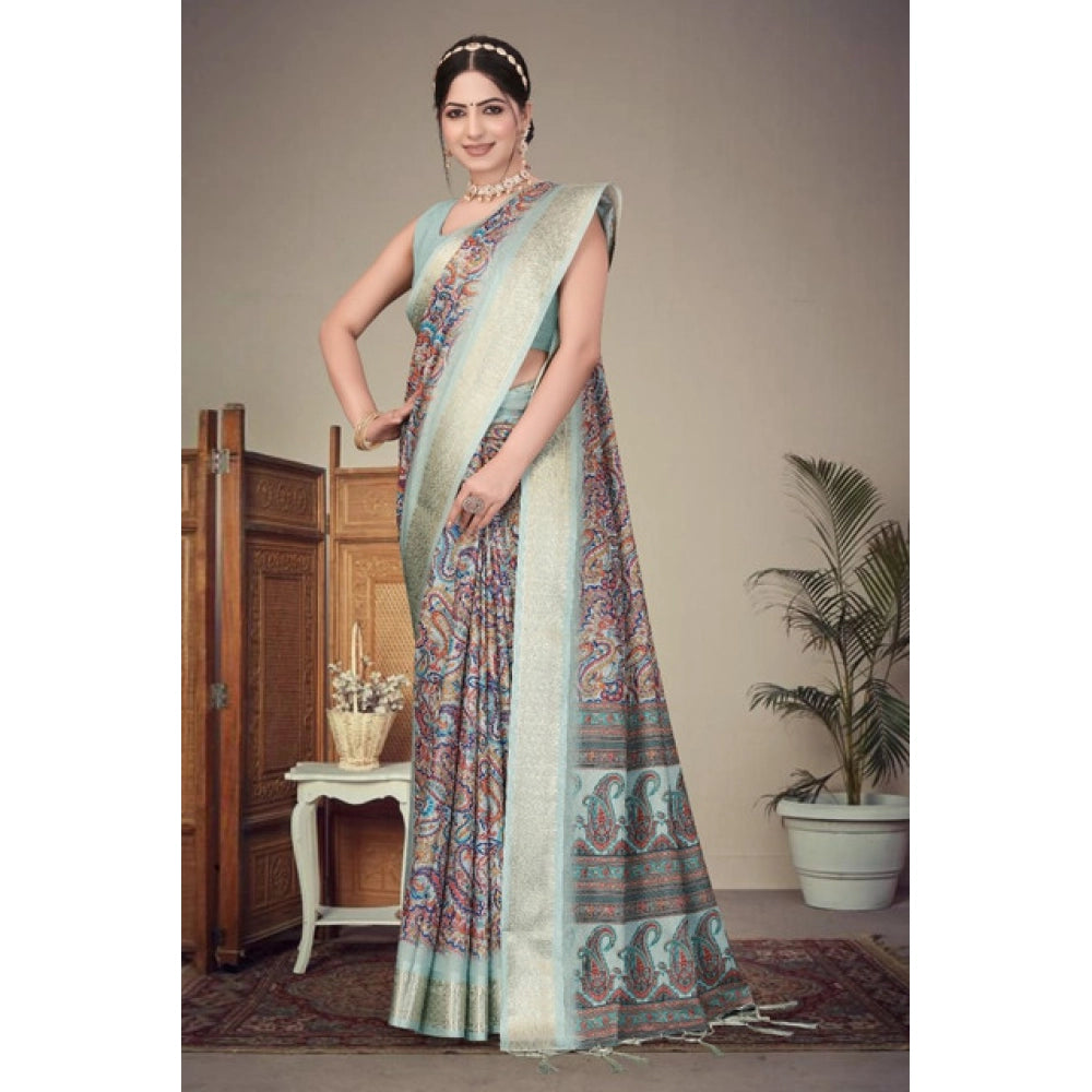 Multi-colored cotton silk printed saree with unstitched blouse, vibrant traditional Indian attire for women