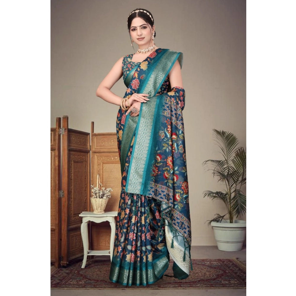 Blue cotton silk printed saree with unstitched blouse, vibrant floral design on traditional Indian attire