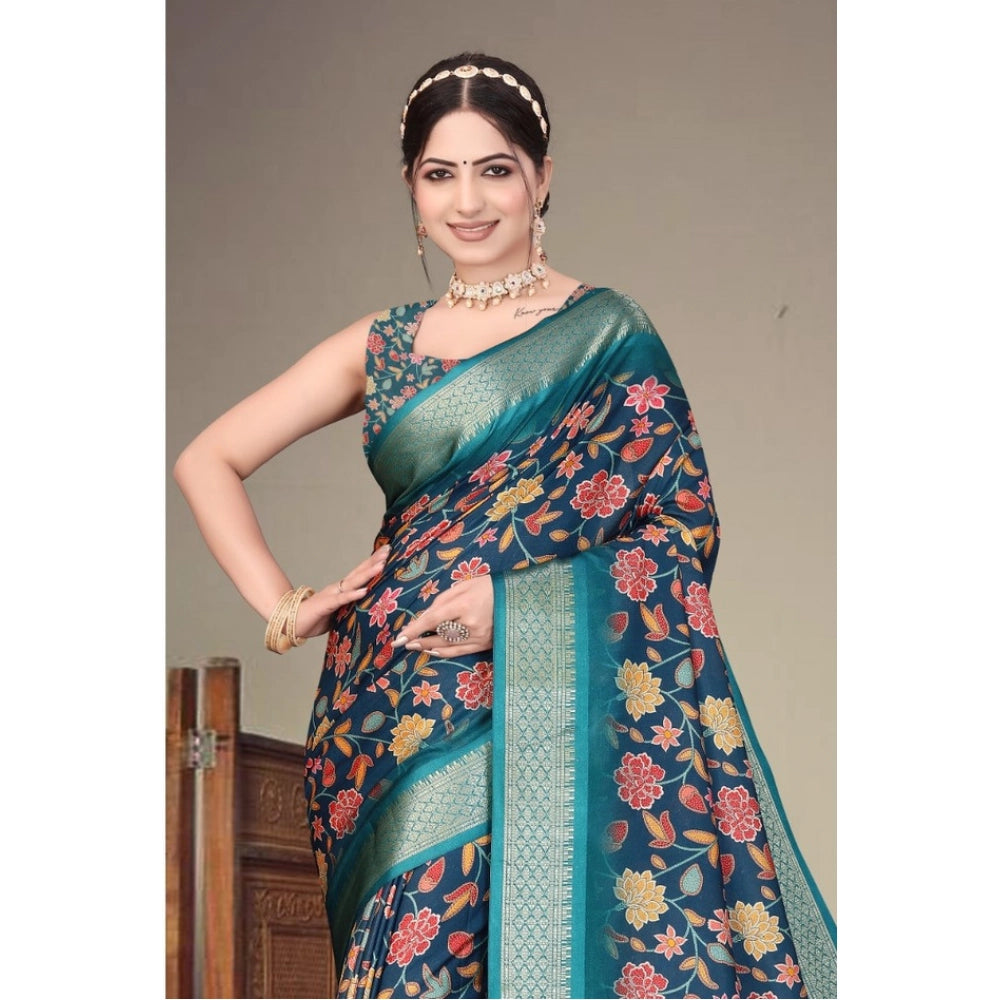 Blue cotton silk printed saree with unstitched blouse, intricate floral design on soft fabric
