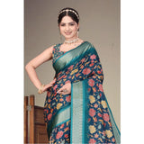 Blue cotton silk printed saree with unstitched blouse, intricate floral design on soft fabric
