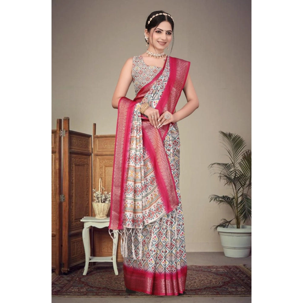 Pink cotton silk printed saree with unstitched blouse, vibrant Indian fashion accessory