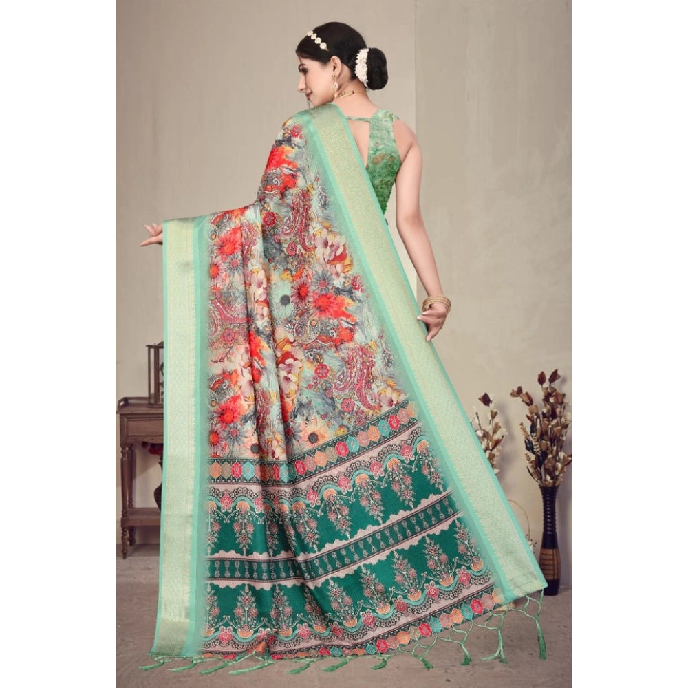 Light green cotton silk printed saree with unstitched blouse, vibrant Indian wear for women's fashion