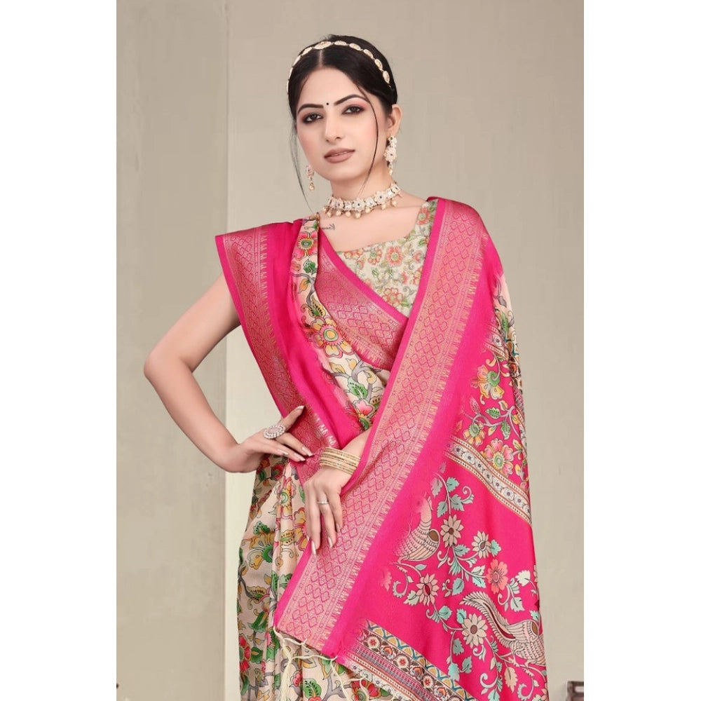 Pink cotton silk printed saree with unstitched blouse, vibrant floral design for traditional Indian wear