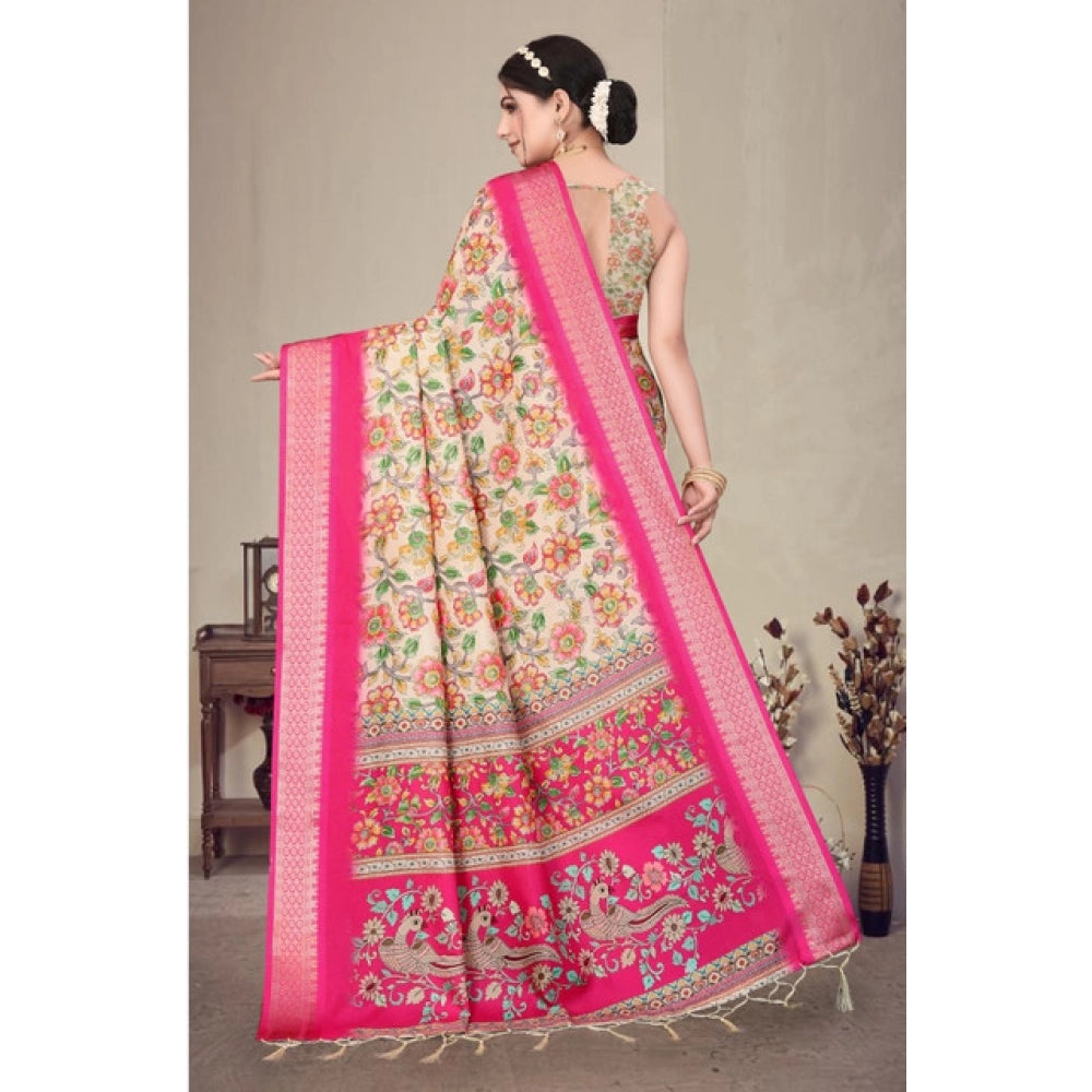 Pink cotton silk printed saree with unstitched blouse, vibrant Indian traditional wear