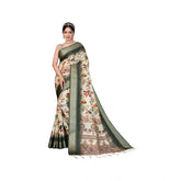 Green cotton silk printed saree with unstitched blouse, vibrant Indian women's fashion accessory