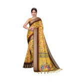 Yellow cotton silk printed saree with unstitched blouse (5.5Mtr), vibrant floral pattern on traditional Indian wear