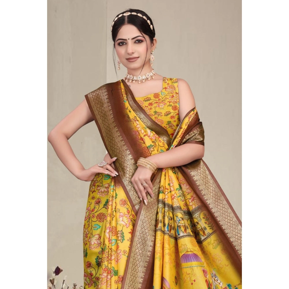 Yellow cotton silk printed saree with unstitched blouse, vibrant and elegant traditional wear for women
