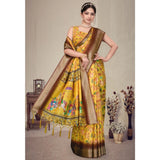 Yellow cotton silk printed saree with unstitched blouse, vibrant Indian women's wear