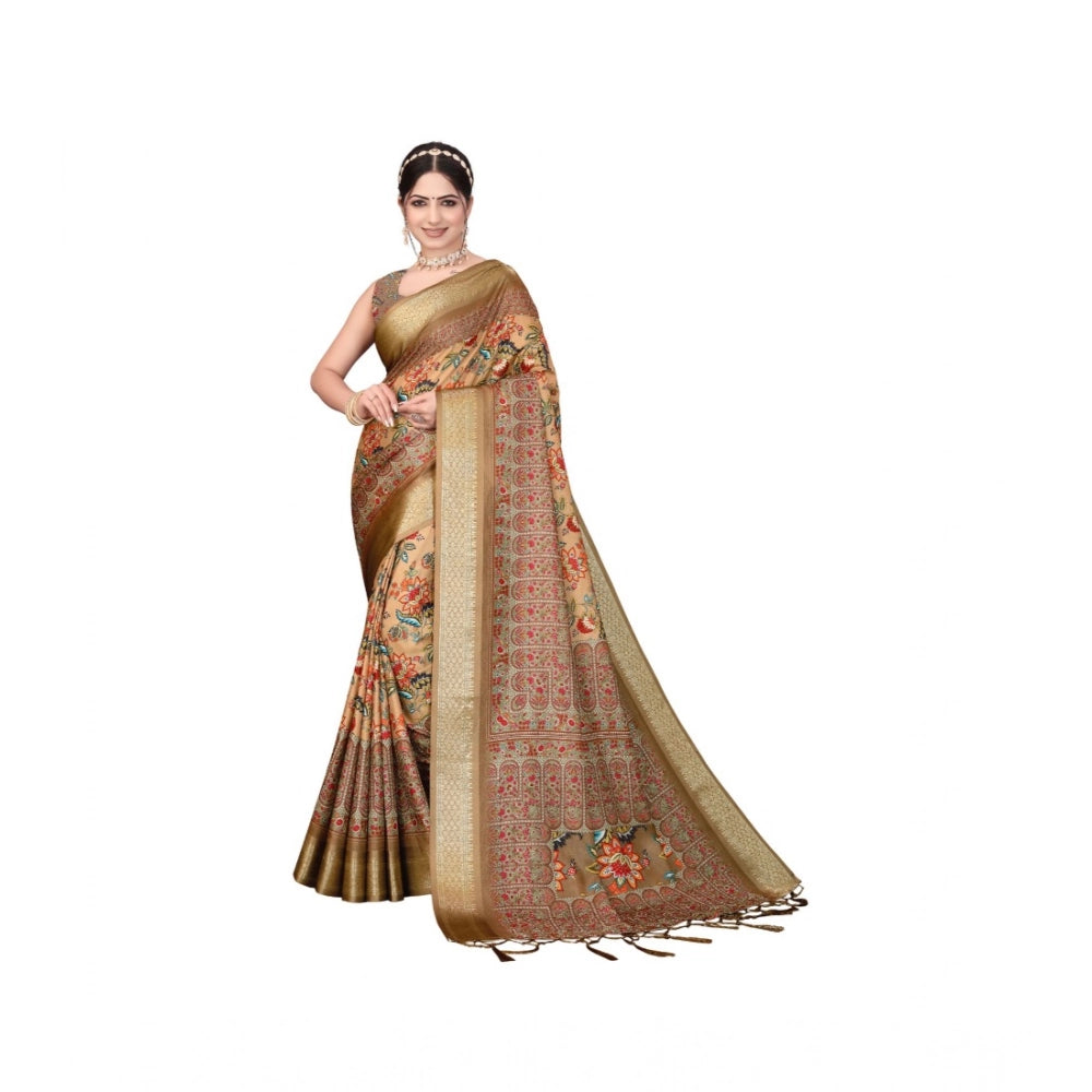 Peach cotton silk printed saree with unstitched blouse (5.5mtr) - traditional Indian women's attire for special occasions
