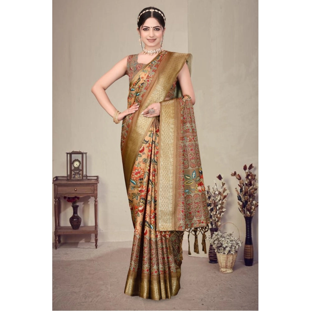 Peach cotton silk printed saree with unstitched blouse (5.5mtr), vibrant ethnic Indian wear on mannequin