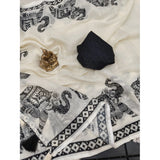 Women's Linen Cotton Printed Saree With Unstitched Blouse 5.5Mtr (Cream & Black)