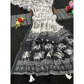 Black linen cotton printed saree with unstitched blouse (5.5Mtr) - vibrant, traditional Indian attire