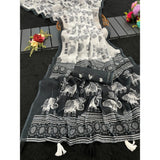 Women's Linen Cotton Printed Saree With Unstitched Blouse 5.5Mtr (Black)