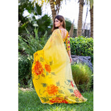 Yellow georgette printed saree with unstitched blouse (5.5mtr)