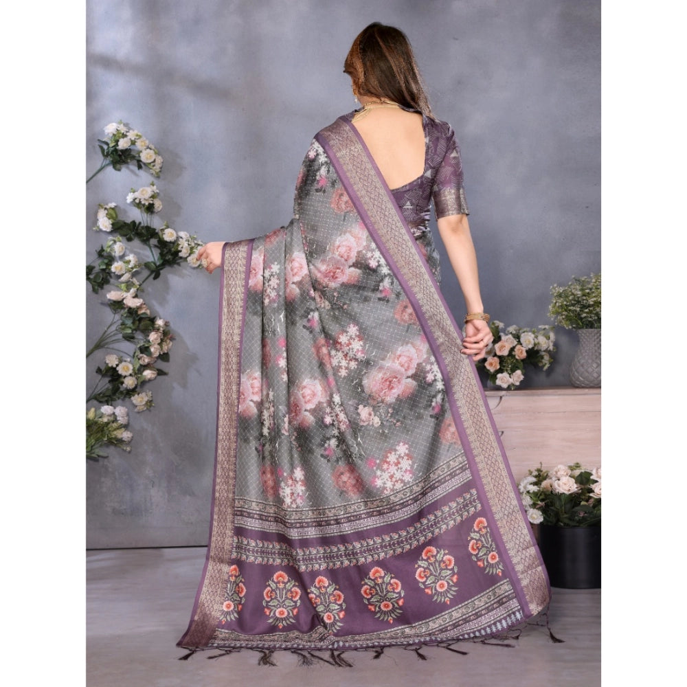 Wine cotton silk printed saree with unstitched blouse, vibrant pattern for women's traditional Indian wear