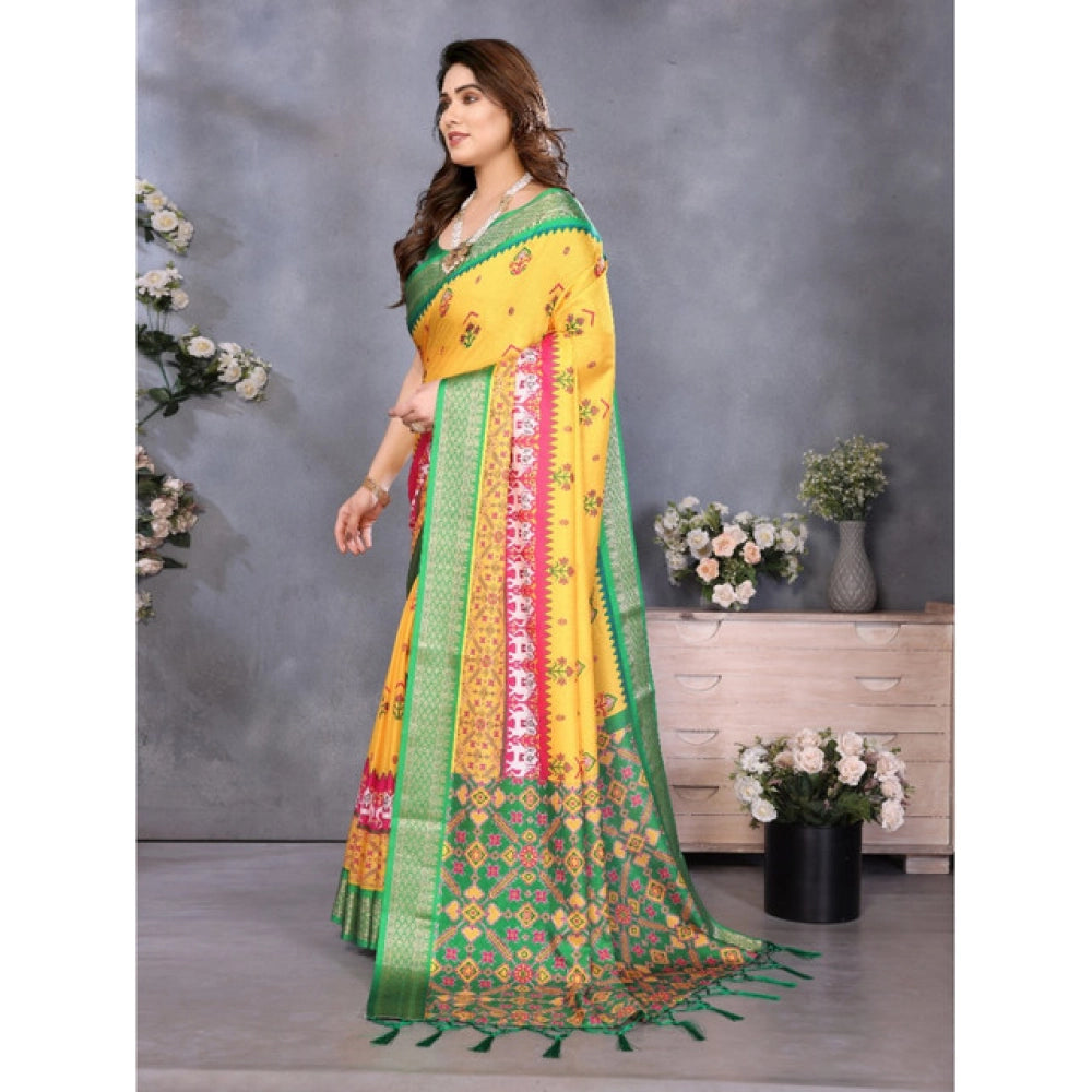 Yellow cotton silk printed saree with unstitched blouse (5.5Mtr), traditional Indian women's fashion accessory