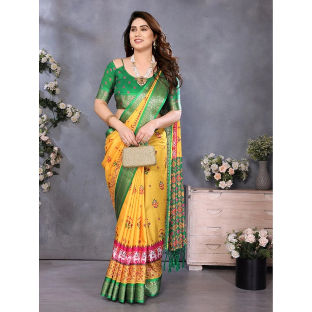 Yellow cotton silk printed saree with unstitched blouse (5.5mtr)