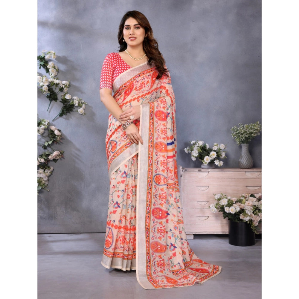 Orange linen cotton printed saree with unstitched blouse, 5.5mtr on model