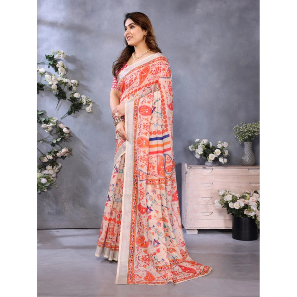 Orange linen-cotton printed saree with unstitched blouse, vibrant Indian ethnic wear