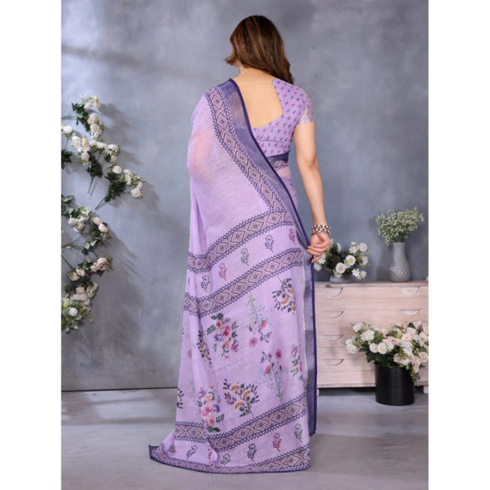Purple linen-cotton printed saree with unstitched blouse, traditional Indian wear for women