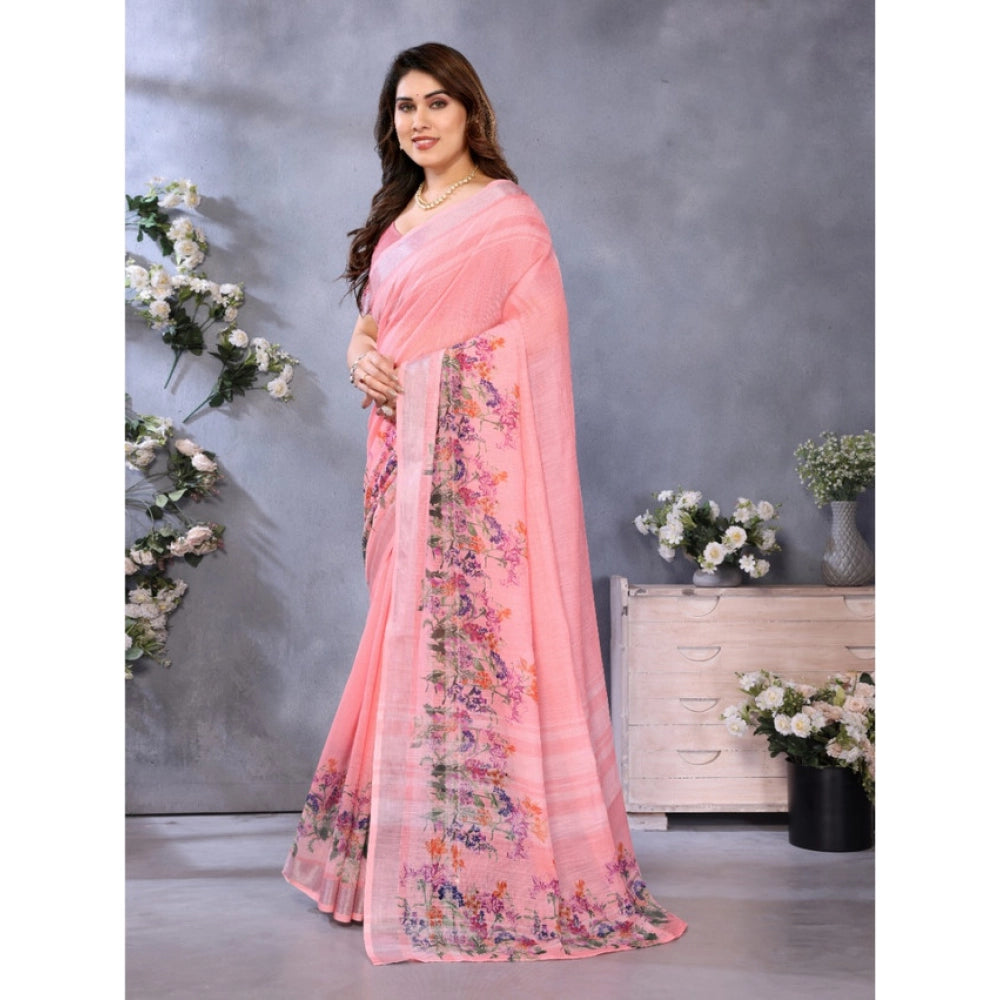 Peach linen-cotton printed saree with unstitched blouse (5.5mtr) on mannequin