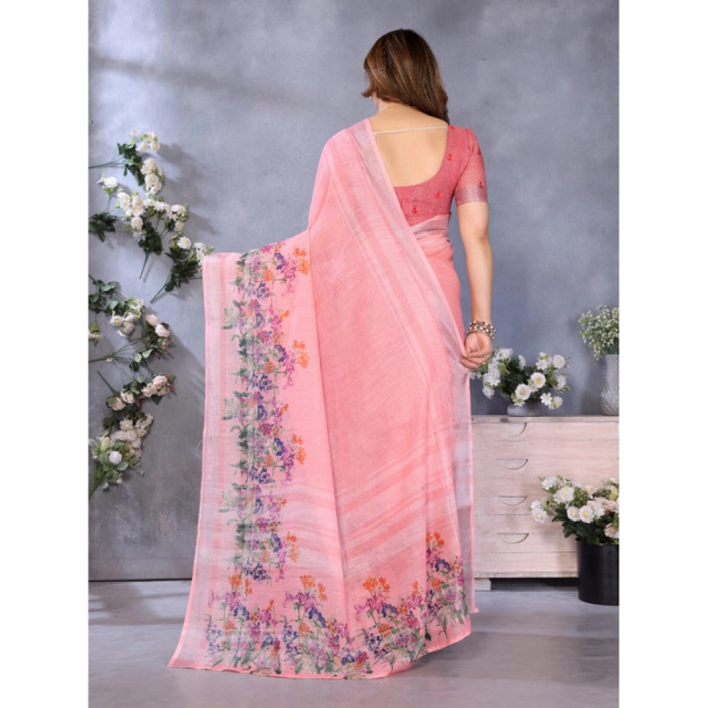 Peach linen cotton printed saree with unstitched blouse, vibrant design for women's fashion
