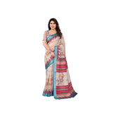 Cream linen cotton printed saree with unstitched blouse, perfect for traditional wear