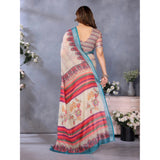 Women's Linen Cotton Printed Saree With Unstitched Blouse 5.5Mtr (Cream)