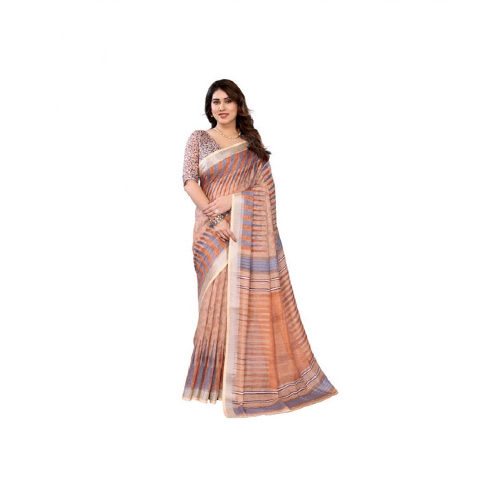 Brown linen-cotton printed saree with unstitched blouse, vibrant Indian fashion accessory