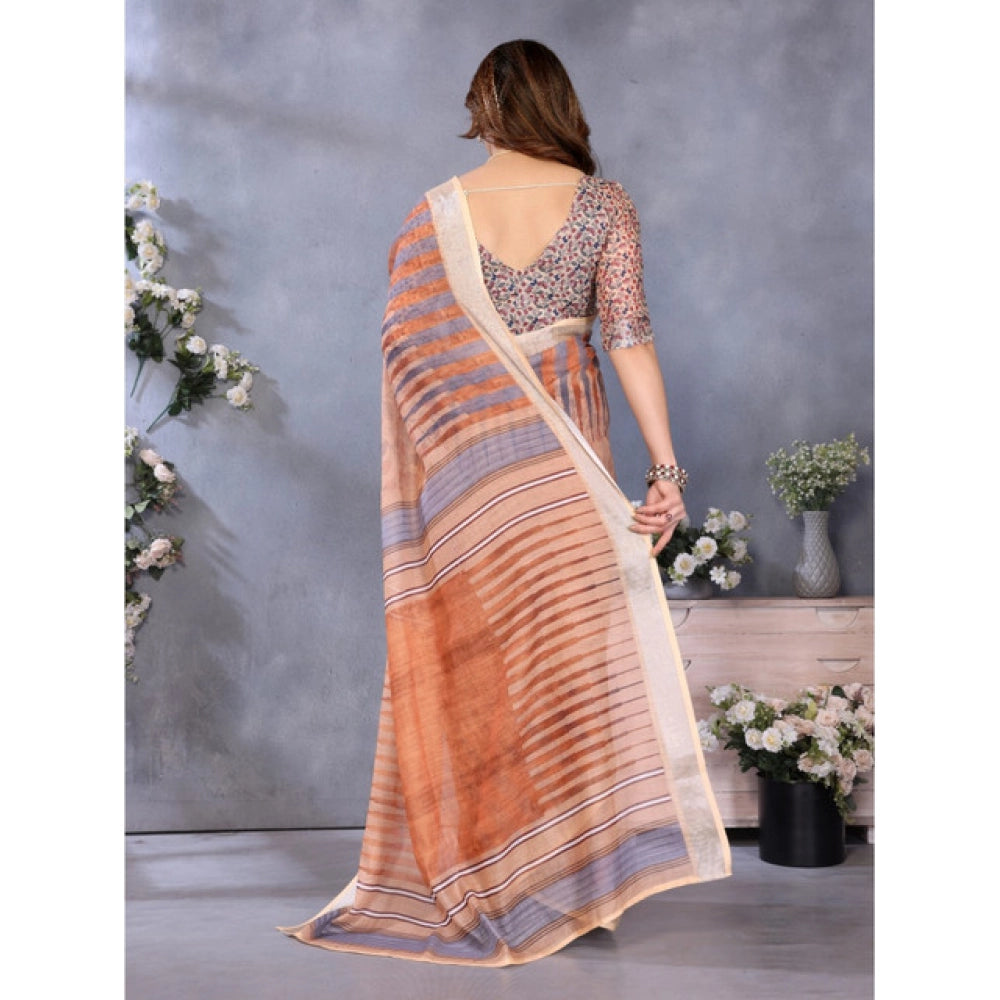 Brown linen-cotton printed saree with unstitched blouse, traditional Indian women's attire on mannequin