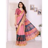 Pink linen cotton printed saree with unstitched blouse, vibrant ethnic wear for women