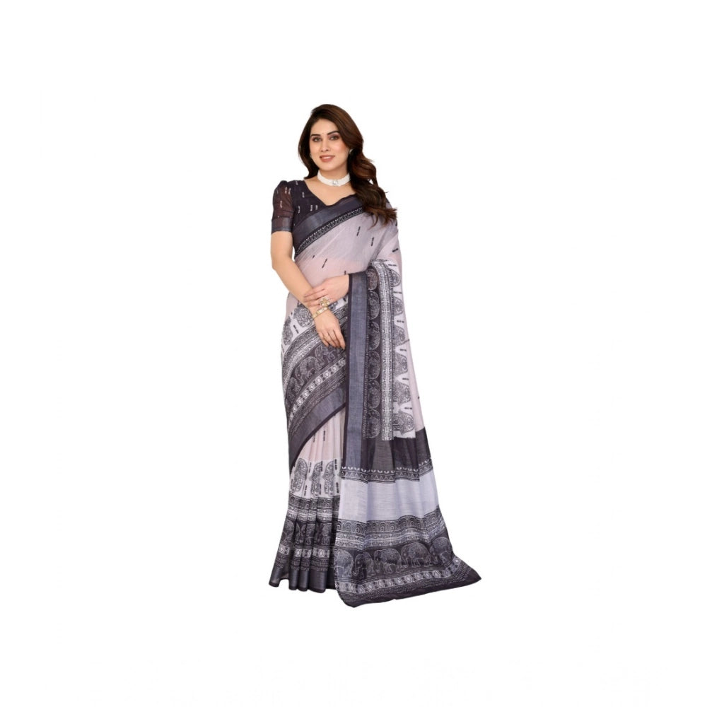 White & Black printed linen cotton saree with unstitched blouse (5.5Mtr) on mannequin