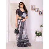 White & Black linen cotton printed saree with unstitched blouse, ideal for traditional Indian wear