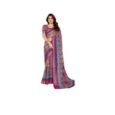 Wine linen-cotton printed saree with unstitched blouse, vibrant floral design