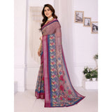 Women's Linen Cotton Printed Saree With Unstitched Blouse 5.5Mtr (Wine )
