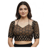 Black Ajrakh Cotton Printed Sweetheart Padded Blouse (Self Alterable 36-40) - Vibrant ethnic print on soft cotton blouse with padded shoulders, suitable for various occasions
