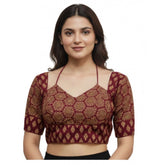 Maroon Ajrakh Cotton Printed Sweetheart Padded Blouse (38), adjustable for sizes 36-40