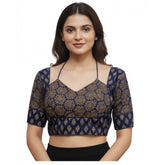 Navy Ajrakh Cotton Printed Padded Sweetheart Blouse with self-alterable sizes 36-40