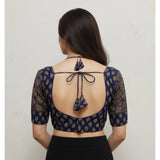 Navy Ajrakh cotton printed sweetheart padded blouse with elbow-length sleeves (self-alterable 36–40) on mannequin