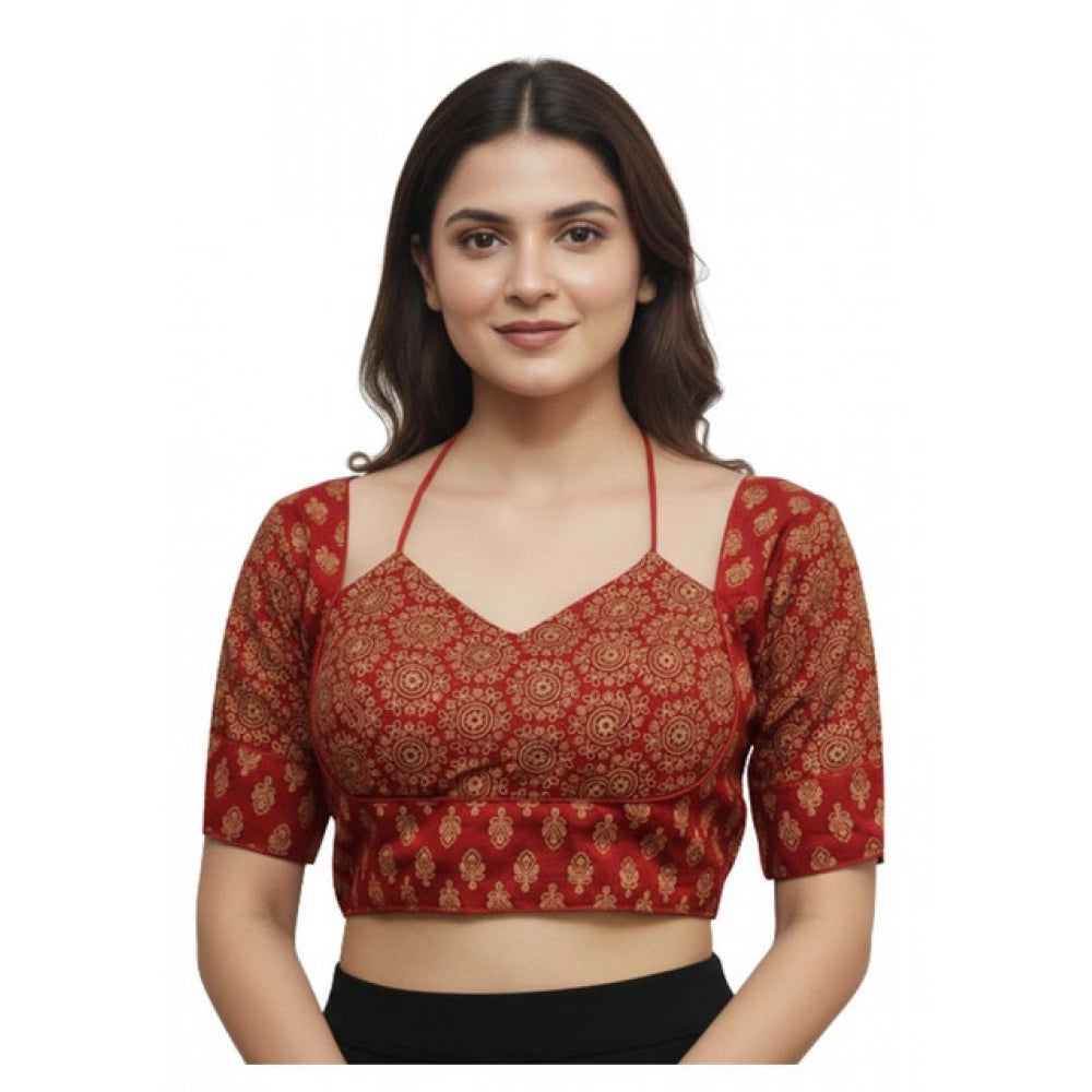 Red Ajrakh Cotton Printed Padded Sweetheart Blouse (38) - Self-alterable for sizes 36-40