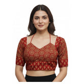 Red Ajrakh cotton printed sweetheart padded blouse (self-alterable 36-40) on hanger, authentic Indian artisan crafted attire