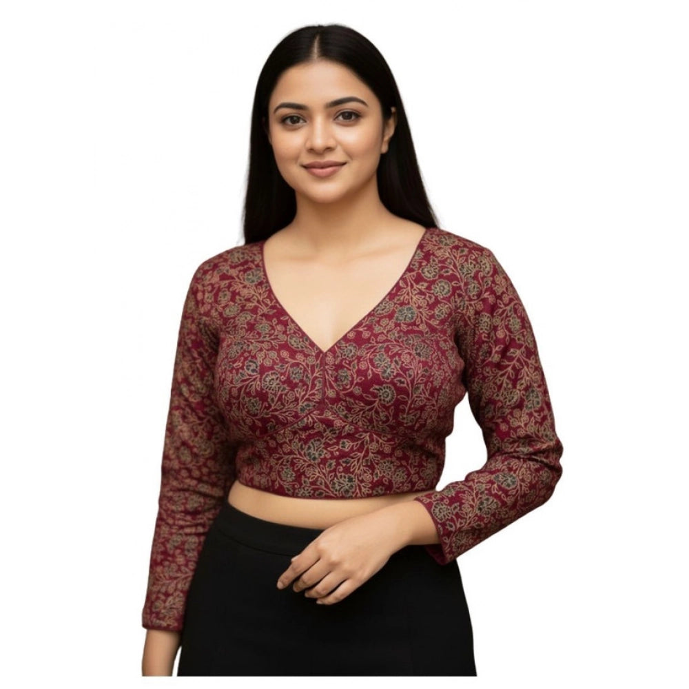 Maroon Ajrakh cotton printed V-neck padded blouse with full sleeves, self alterable size 36-40
